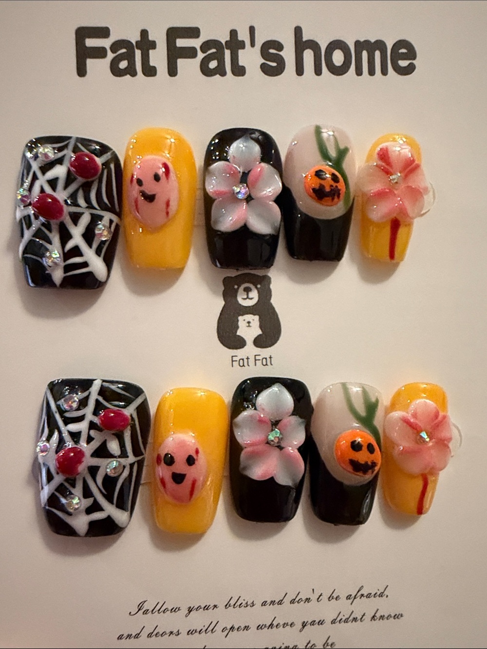 Fat Fat Halloween theme handmade Nail Art Set - Yellow & Black